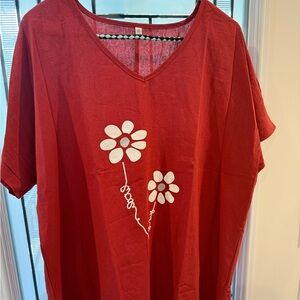 Women's Red V-Neck Floral Tee